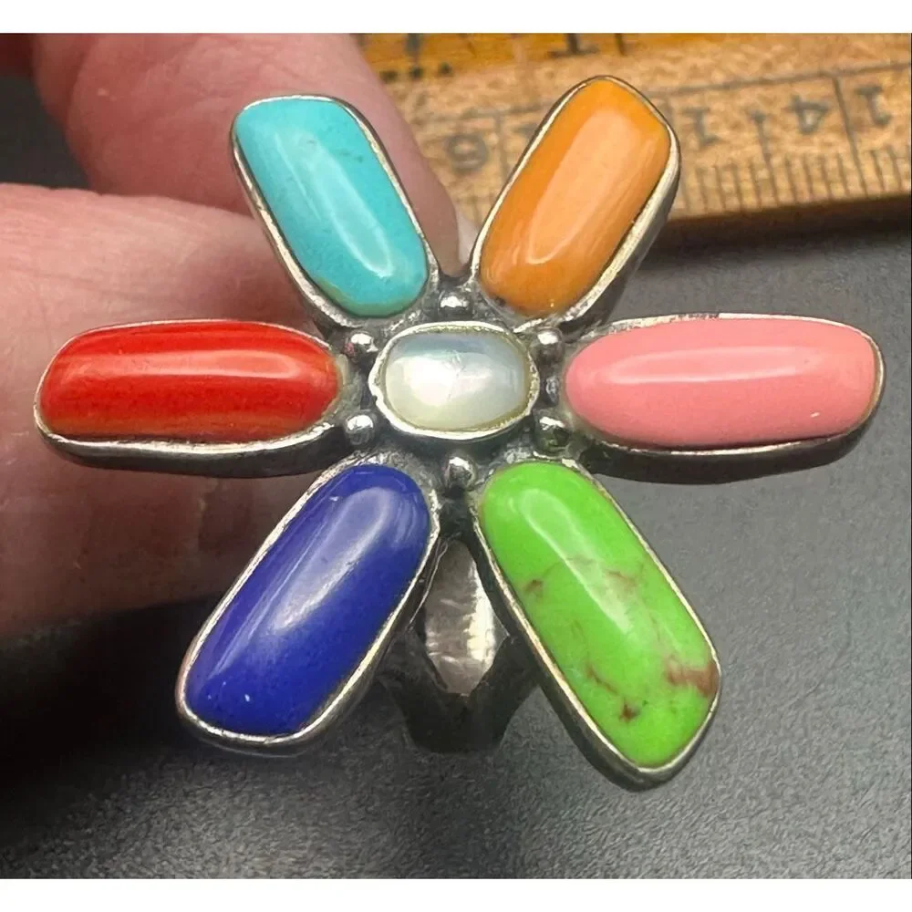 Signed SX Thailand 925 Sterling Silver Multicolor Gemstone Flower ring